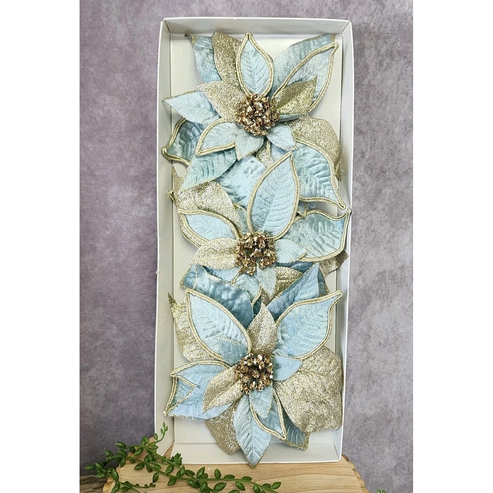 Blue Silver Glitter Flower‎ Ornaments Clip On Tree Decor 7" Christmas 3 Pc NEW